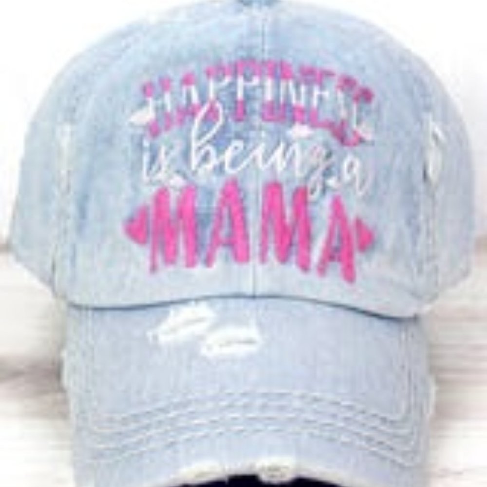 NWT WOMANS HAPPINESS IS BEING A MAMA DISTRESSED BASEBALL CAP